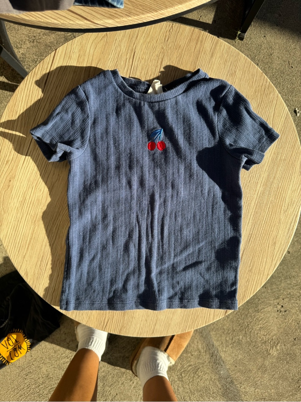 Cotton On Navy Short-Sleeve Ribbed Tee with Cherry Embroidery